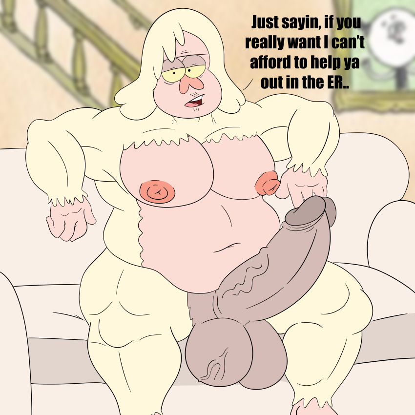 absurd_res anthro belly big_penis bodily_fluids cartoon_network furniture genitals hi_res huge_penis humanoid looking_at_viewer male muscular nipples on_sofa penis possbooty presenting presenting_penis regular_show sitting sitting_on_sofa skips_(regular_show) slightly_chubby sofa solo spreading