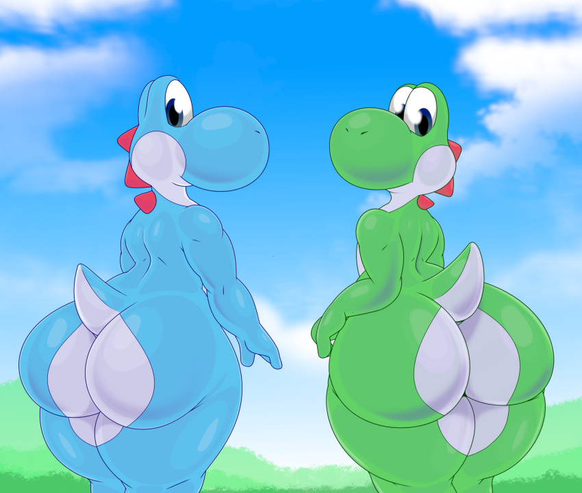 adeviantcritter ambiguous_gender anthro big_butt blue_body blue_sky bubble_butt butt butt_focus cloud cyan_yoshi detailed_background digital_media_(artwork) duo grass green_body green_yoshi hi_res huge_butt looking_at_viewer looking_back looking_back_at_viewer mario_bros nature nature_background nintendo nude plant rear_view short_tail sky tail thick_thighs white_body wide_hips yoshi