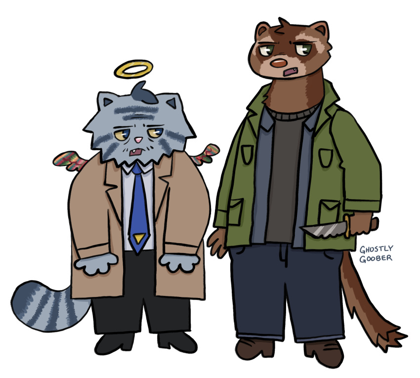 alternate_species angel anthro bottomwear brown_body brown_fur castiel clothed clothing dean_winchester duo fangs feathered_wings feathers felid feline footwear fully_clothed fur furrification ghostlygooberart grey_body grey_fur halo head_tuft hi_res jacket male mammal markings mustelid necktie pallas's_cat pants polecat_(mustelid) prick_ears shirt shoes small_wings striped_markings striped_tail stripes supernatural_(tv_show) tail tail_markings teeth toony topwear tuft wings