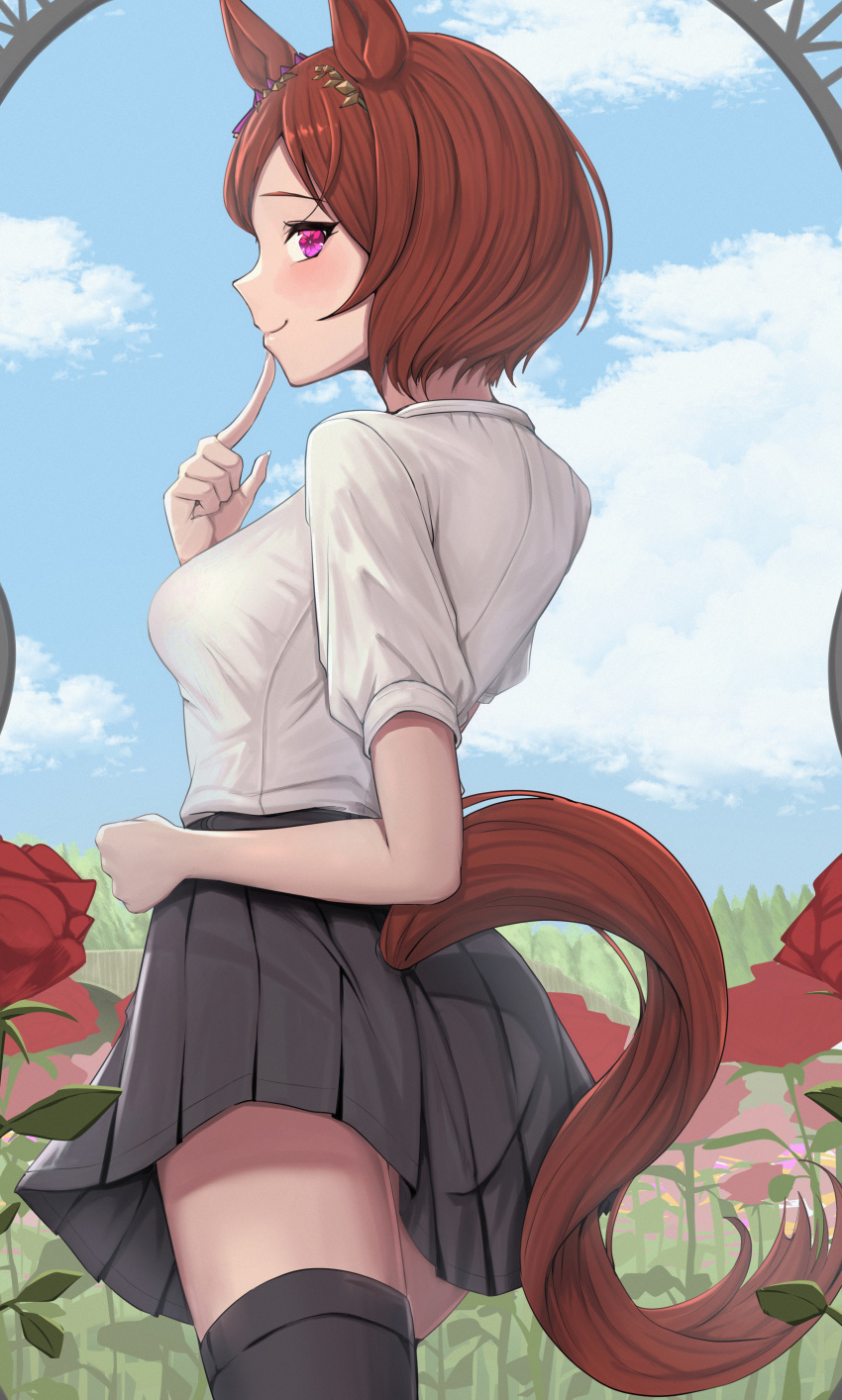 1girl absurdres alternate_costume black_thighhighs bob_cut brown_hair commentary finger_to_mouth flower flower_in_eye from_side grey_skirt highres looking_to_the_side parted_bangs pink_eyes pleated_skirt red_flower red_rose rose sakura_laurel_(umamusume) shirt short_hair sideways_glance skirt solo symbol_in_eye take978733141 thighhighs umamusume white_shirt