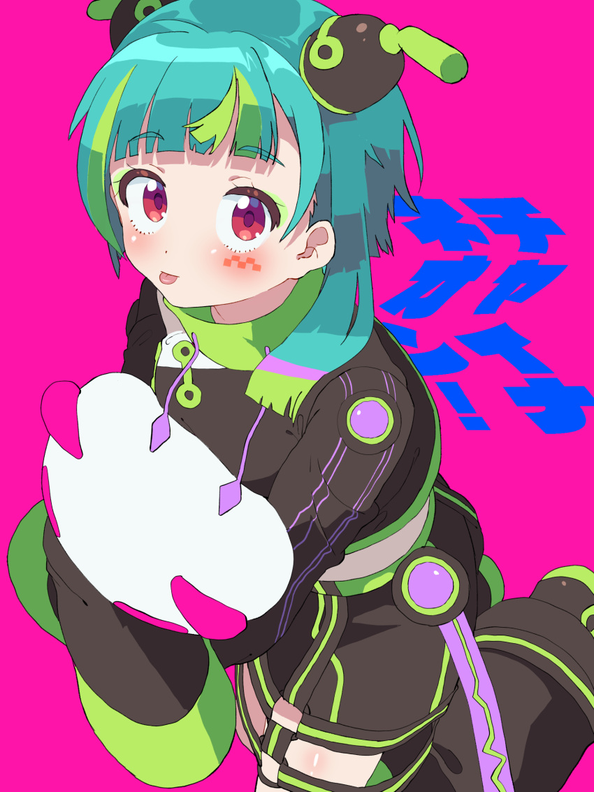 1girl black_jacket black_shorts blue_hair blunt_bangs blush chinese_clothes commentary_request eyeshadow facial_mark green_eyeshadow green_hair high_collar highres jacket long_sleeves looking_at_viewer makeup midriff multicolored_hair omega_auru omega_auru_(primagista) pink_eyes pretty_series shorts simple_background sleeves_past_fingers sleeves_past_wrists smile solo standing standing_on_one_leg streaked_hair tongue tongue_out tsujii_ruki waccha_primagi!