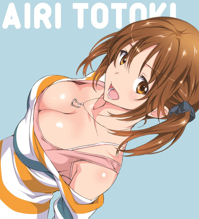 blue_background breasts brown_eyes brown_hair character_name cleavage highres idolmaster idolmaster_cinderella_girls jewelry large_breasts long_hair looking_at_viewer necklace open_mouth scrunchie shiny shiny_skin simple_background smile solo suzutsuki_kurara totoki_airi twintails
