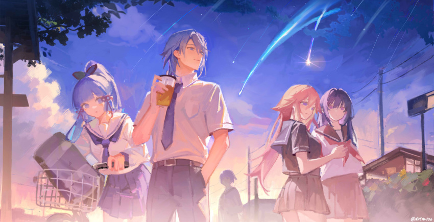1boy 1other 3girls :o ascot belt belt_buckle bicycle black_belt black_shirt black_skirt blue_ascot blue_eyes blue_hair blue_sailor_collar blue_skirt blush_stickers buckle closed_mouth cloud commentary cup denim disposable_cup genshin_impact hair_ribbon hand_in_pocket hedge highres holding holding_cup house jeans kamisato_ayaka kamisato_ayato lamppost long_hair long_sleeves multiple_girls neckerchief night night_sky outdoors pants pink_eyes pink_hair pleated_skirt ponytail purple_eyes purple_hair raiden_shogun red_neckerchief red_ribbon ribbon sailor_collar school_uniform shirt shooting_star short_hair skirt sky smile tadashi-kun utility_pole white_shirt yae_miko