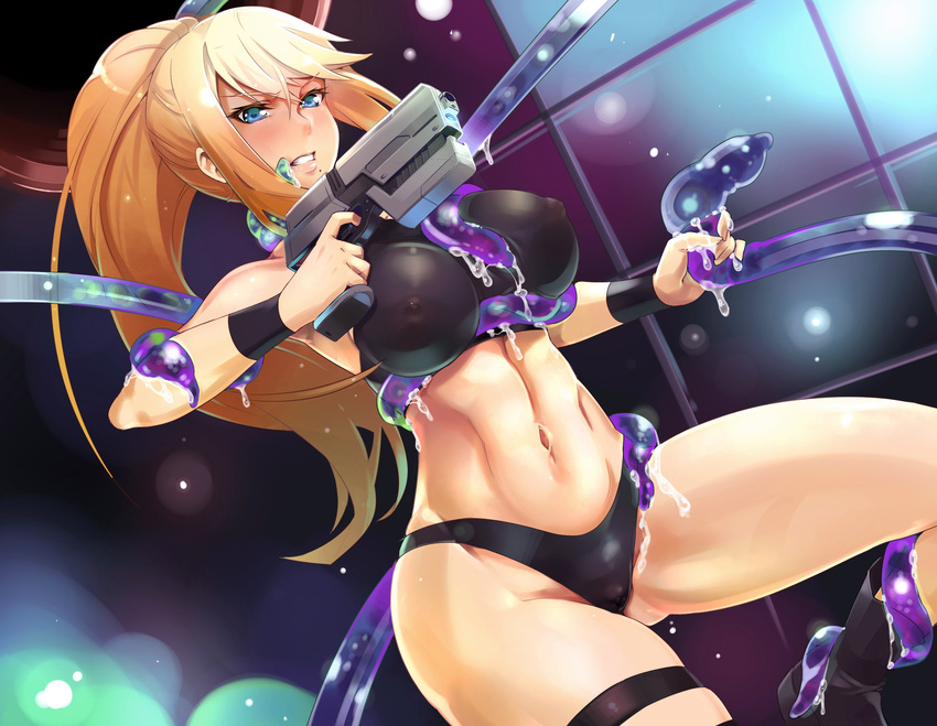 black_panties blonde_hair blue_eyes blush breasts clenched_teeth covered_nipples gun handgun highres hijiri large_breasts long_hair metroid mole mole_under_mouth navel panties pistol ponytail restrained samus_aran slime solo_focus tank_top teeth tentacles toned underwear weapon