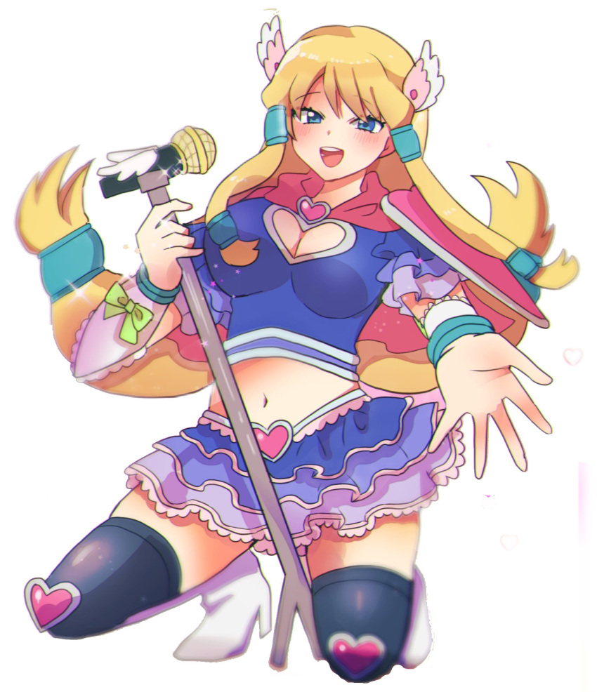 1girl armor black_thighhighs blonde_hair blue_eyes blue_skirt bobobo-bo_bo-bobo boots breasts capelet cleavage crop_top denbo full_body heart highres holding holding_microphone large_breasts layered_skirt long_hair looking_at_viewer low-tied_sidelocks microphone midriff navel non-web_source open_mouth pauldrons red_capelet shoulder_armor simple_background skirt smile squatting thighhighs white_background wing_hair_ornament