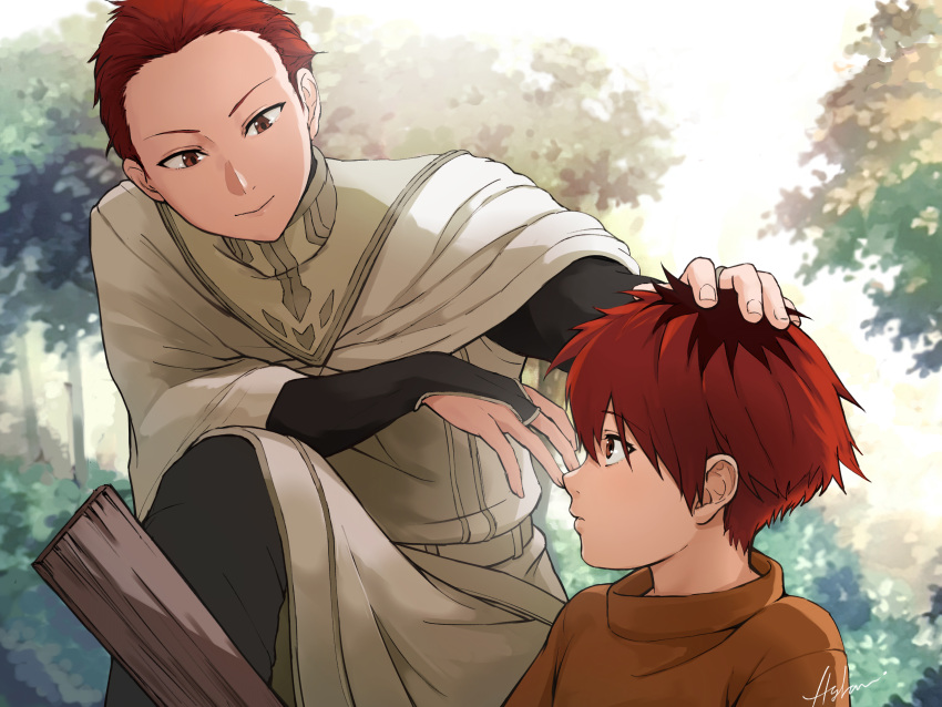 2boys absurdres artist_name brothers brown_shirt day eye_contact hand_on_another's_head highres hylran0427 looking_at_another male_focus multiple_boys on_one_knee outdoors red_eyes red_hair robe shirt siblings sousou_no_frieren stark_(sousou_no_frieren) stoltz_(sousou_no_frieren) sword weapon white_robe wooden_sword