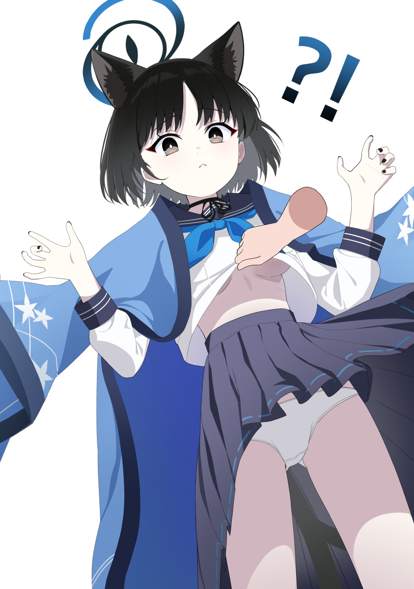 !? 1girl 1other absurdres animal_ears black_eyes black_hair black_nails black_sailor_collar black_skirt blue_archive blue_halo blue_neckerchief breasts cat_ears cat_tail disembodied_limb eyeliner fingernails halo haori highres japanese_clothes kikyou_(blue_archive) long_sleeves makeup medium_breasts momip multiple_tails nail_polish neckerchief open_mouth panties pleated_skirt red_eyeliner sailor_collar school_uniform serafuku short_hair skirt solo_focus tail two_tails underboob underwear white_panties