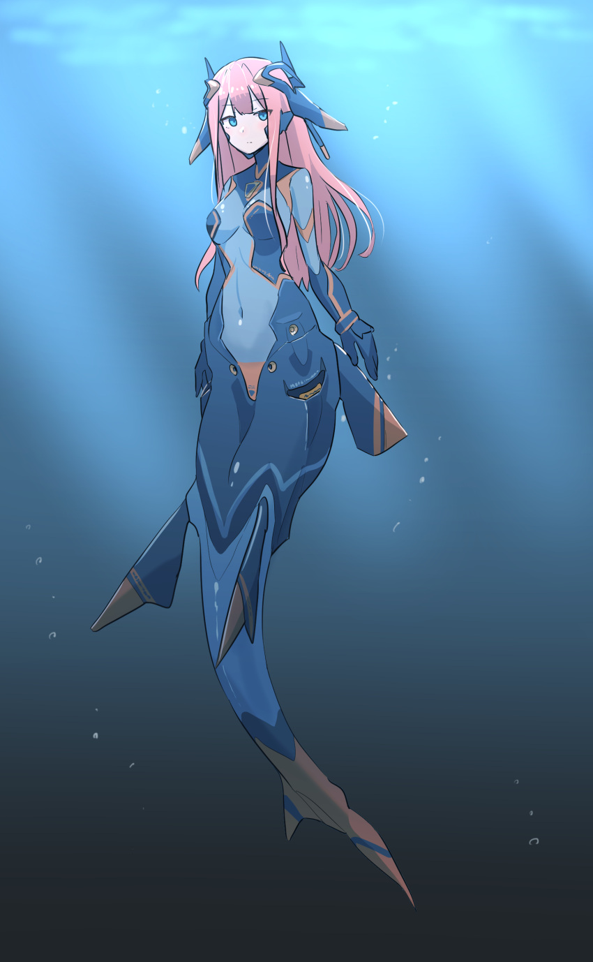 1girl absurdres blue_eyes bodysuit breasts diving_suit headgear highres long_hair mermaid monster_girl original pink_hair sigure-zzzz underwater water wetsuit