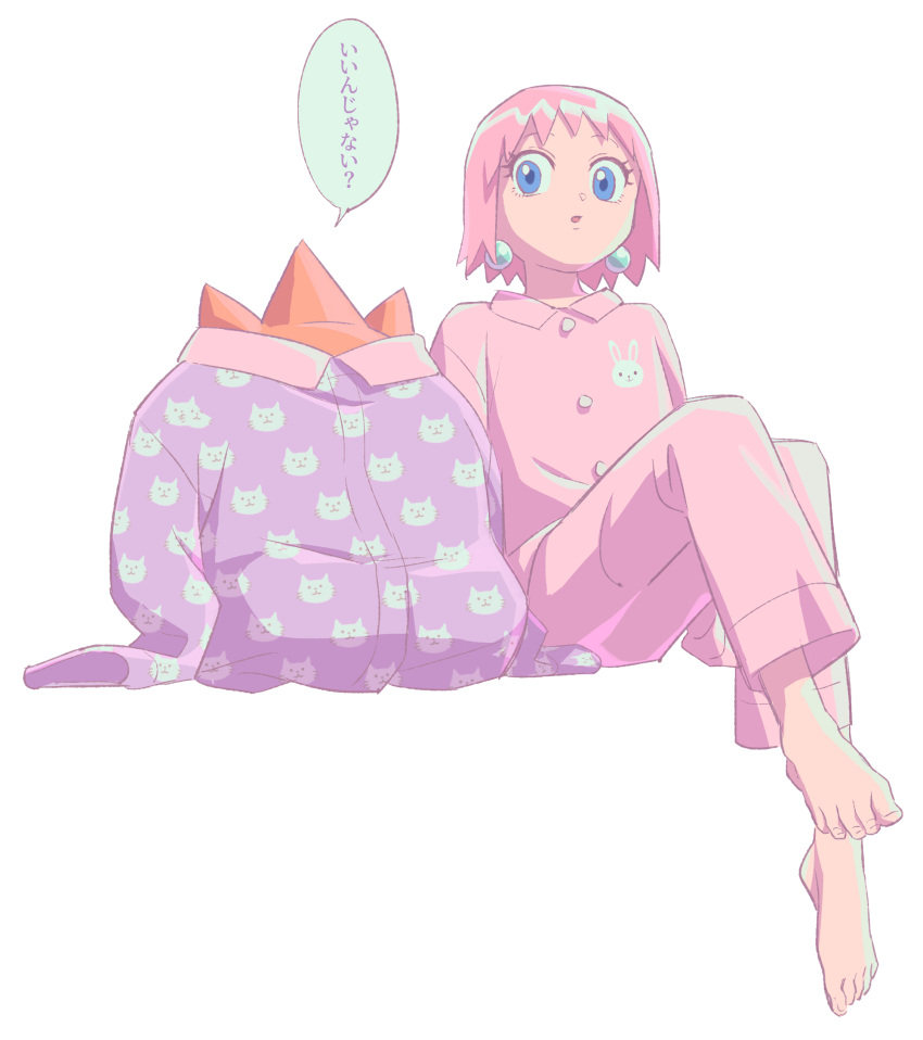 1boy 1girl animal_print barefoot beauty_(bobobo-bo_bo-bobo) blue_eyes bobobo-bo_bo-bobo buttons cat_print commentary_request don_patch earrings eyelashes highres invisible_chair jewelry maiko_(setllon) oversized_clothes pajamas parted_lips pink_hair pink_pajamas pink_shirt purple_shirt shirt short_hair simple_background sitting speech_bubble toenails translation_request white_background