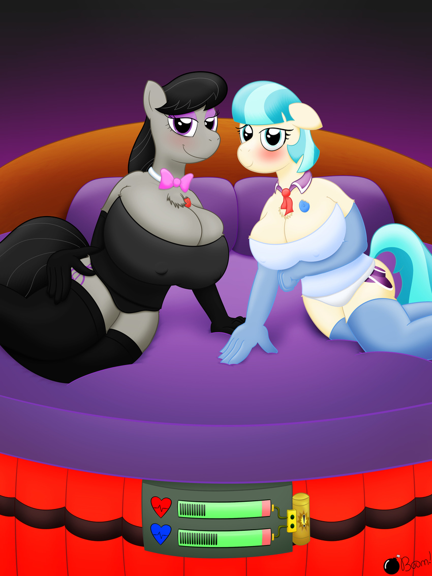 anthrofied bed big_breasts blue_eyes blue_hair blush bomb bow_tie breasts cleavage clothed clothing corset duo dynamite ekg equine explosives female friendship_is_magic gloves grey_hair hair heart_monitor horse huge_breasts legwear looking_at_viewer mammal my_little_pony pillow pony ponyboom purple_eyes smile stockings tnt