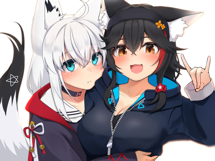 2girls absurdres ahoge alternate_costume animal_ear_fluff animal_ears black_choker blush braid breasts choker cleavage commentary_request cosplay earrings fang fox_ears fox_girl fox_shadow_puppet fox_tail frown green_eyes hair_between_eyes highres hololive hug jewelry long_hair looking_at_viewer medium_breasts micon multiple_girls ookami_mio ookami_mio_(another_ookami_mio) ookami_mio_(cosplay) open_mouth pentagram shirakami_fubuki shirakami_fubuki_(7th_costume) shirakami_fubuki_(cosplay) sidelocks simple_background single_braid skin_fang smile tail virtual_youtuber white_background white_hair wolf_ears wolf_girl