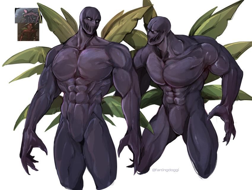 1boy abs absurdres bald bara black_skin bulge character_request colored_skin cropped_legs fartingdoggi fingernails flexing_pecs highres huge_pectorals large_hands lethal_company looking_to_the_side male_focus monster_boy muscular muscular_male navel no_nipples plant_boy reference_inset sharp_fingernails stomach superhero v-taper