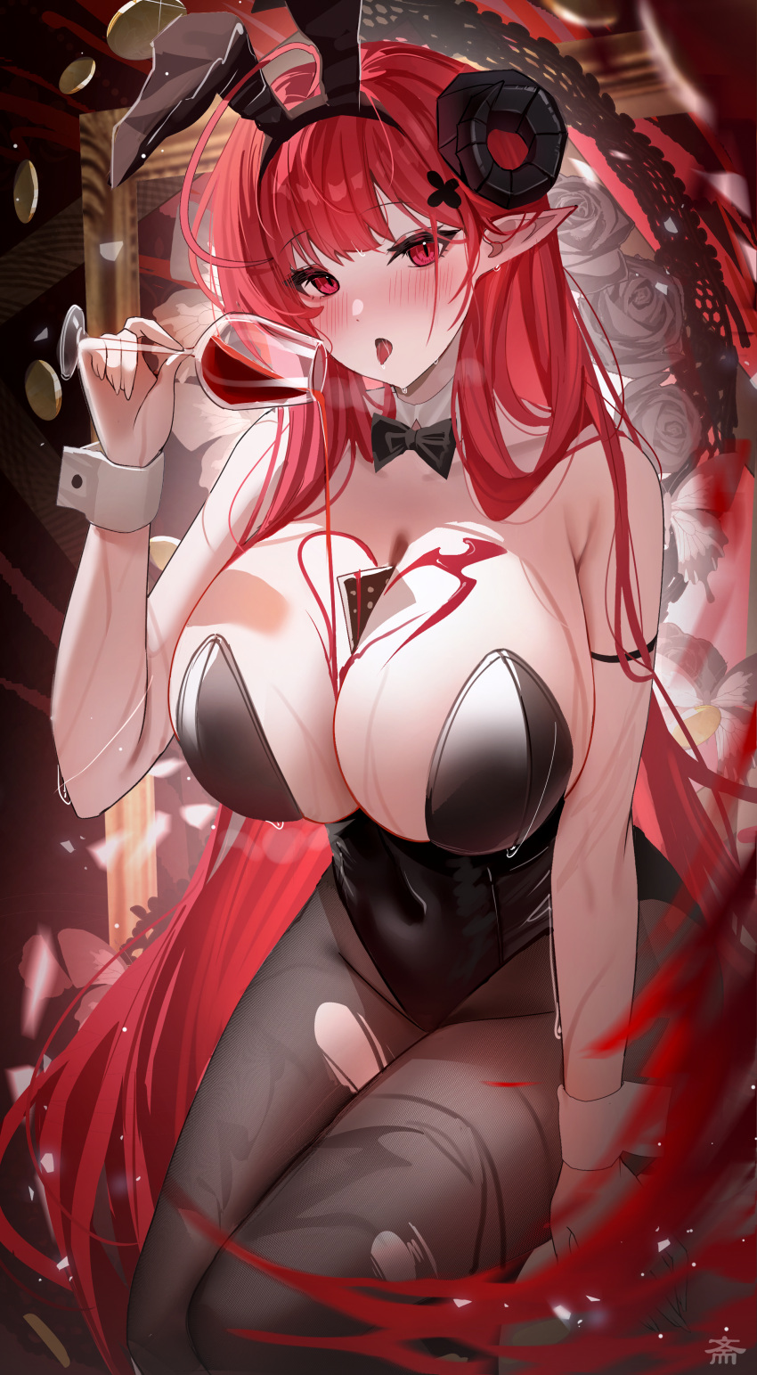 1girl absurdres alternate_costume animal_ears arm_strap azur_lane bare_shoulders between_breasts black_hairband black_horns black_leotard black_pantyhose blush breasts cleavage cup fake_animal_ears hair_ornament hairband highres hindenburg_(azur_lane) holding holding_cup horns large_breasts leotard long_hair looking_at_viewer open_mouth pantyhose playboy_bunny pointy_ears rabbit_ears red_eyes red_hair solo spilling tansuan_(ensj3875) thighs torn_clothes torn_pantyhose wrist_cuffs