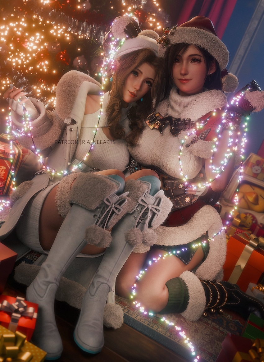 2girls 3d aerith_gainsborough artist_name belt black_footwear black_gloves black_hair blue_eyes boots braid breasts brown_hair capelet chocobo christmas christmas_lights christmas_ornaments christmas_present christmas_tree coat dress earrings english_commentary final_fantasy final_fantasy_vii final_fantasy_vii_remake fingerless_gloves flower fur-trimmed_boots fur-trimmed_capelet fur-trimmed_dress fur_trim gift gloves hair_flower hair_ornament hand_on_another's_head hand_on_another's_waist hat highres holding jewelry kneeling large_breasts long_hair looking_at_viewer medium_breasts moogle multiple_girls nail_polish open_clothes open_coat patreon_username red_capelet red_eyes ria_(baka-neearts) santa_costume santa_dress santa_hat sitting sweater sweater_dress tifa_lockhart white_coat white_sweater