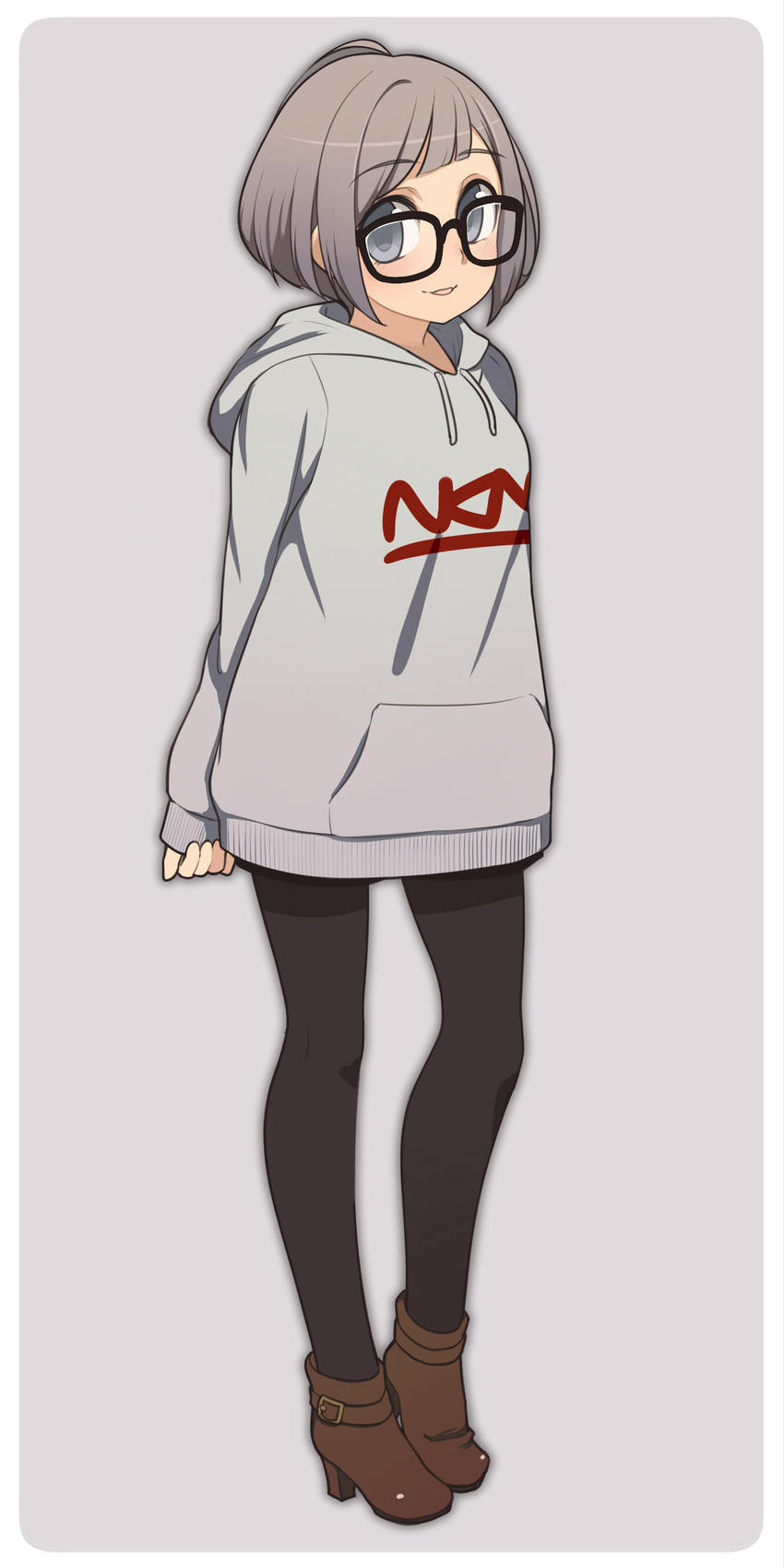 absurdres ahoge black_legwear blush boots glasses grey_hair high_heels highres hood hood_down hoodie looking_at_viewer original oza_watto pantyhose short_hair simple_background smile solo