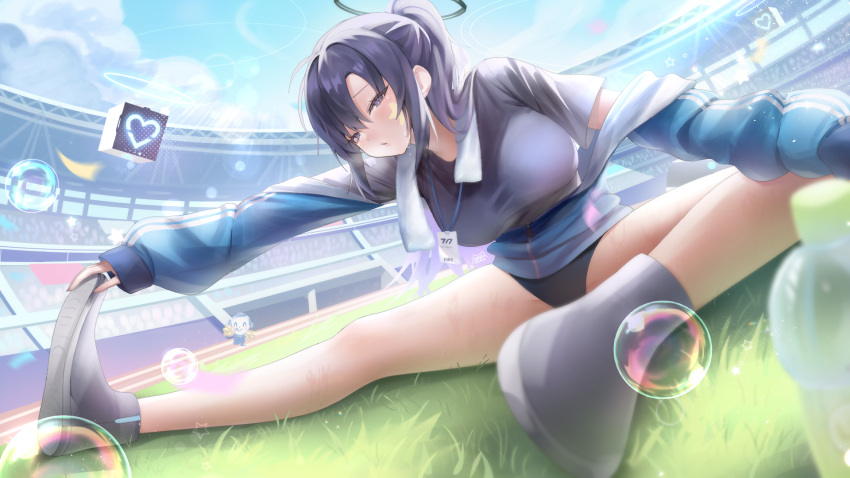 1girl black_buruma black_shirt blue_archive blue_jacket blurry blurry_foreground breasts bubble buruma doodle_sensei_(blue_archive) drone exercise gym_uniform halo highres jacket lanyard large_breasts light_rays looking_at_viewer mechanical_halo narusama official_alternate_costume on_grass outdoors partially_unzipped pom_pom_(cheerleading) ponytail purple_eyes purple_hair sensei_(blue_archive) shirt solo_focus stadium star_(symbol) star_sticker sticker_on_face stretching track_jacket yuuka_(blue_archive) yuuka_(track)_(blue_archive)