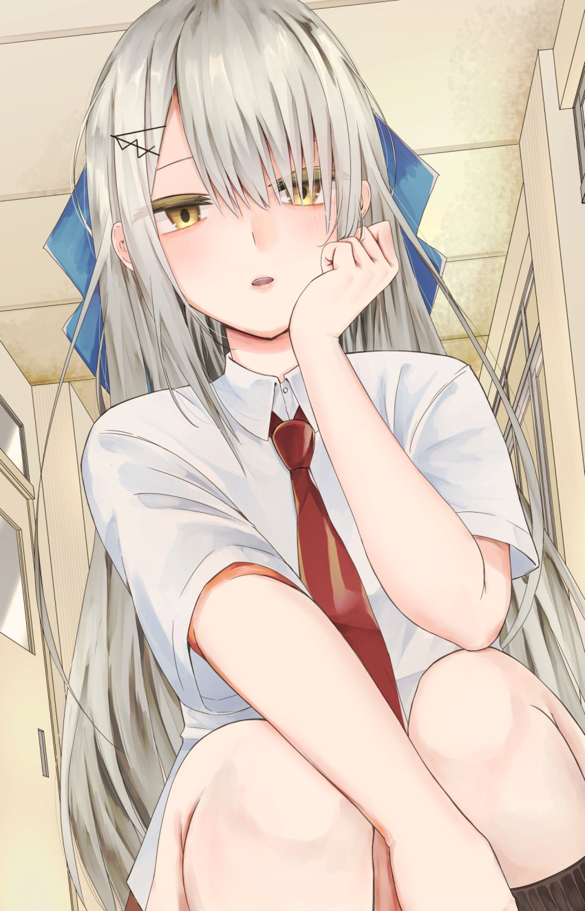 1girl black_socks blue_bow blush bow door dress_shirt elbow_rest from_below fujino_shiroha grey_hair hair_bow hair_ornament hairpin hallway head_on_hand head_rest highres long_hair looking_at_viewer multiple_hairpins necktie nohso4 nue_no_onmyouji parted_lips perspective red_necktie shirt short_sleeves sliding_doors socks solo squatting swept_bangs white_shirt yellow_eyes