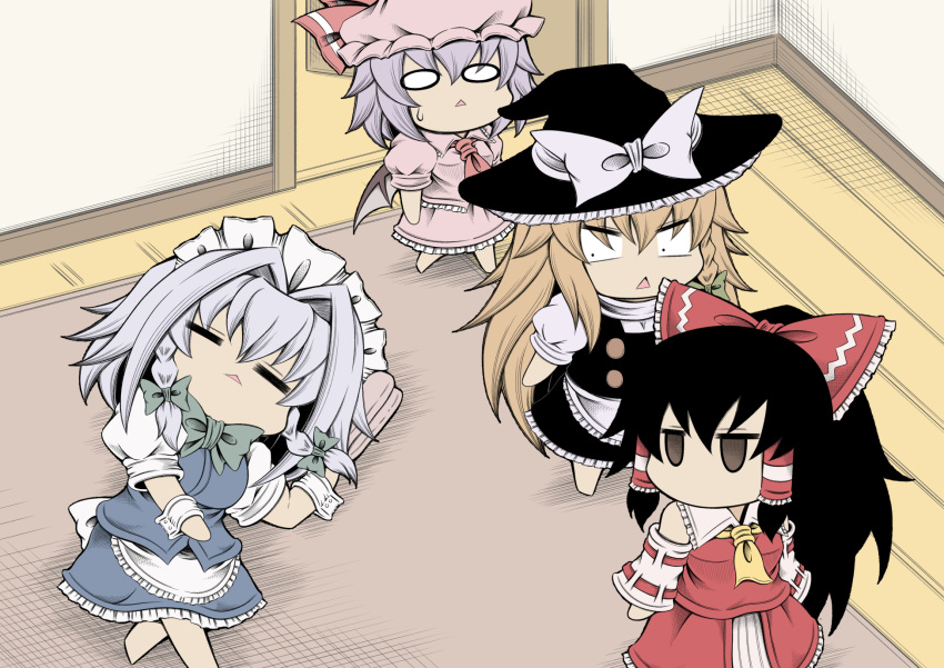 ._. 0_0 4girls apron black_hair blonde_hair bow braid brown_eyes chibi commentary_request grey_hair hair_bow hakurei_reimu hat hidefu_kitayan highres indoors izayoi_sakuya kirisame_marisa long_hair lying maid maid_apron maid_headdress multiple_girls nontraditional_miko on_back purple_hair remilia_scarlet short_hair sleeping touhou twin_braids wide_oval_eyes