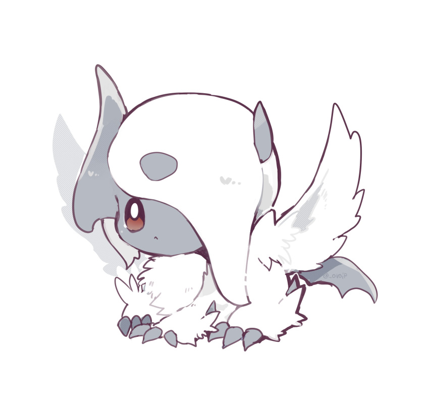 absol absurdres animal_focus chibi claws feathered_wings fluffy hair_over_one_eye highres mega_absol no_humans ovoip pokemon pokemon_(creature) red_eyes signature simple_background solo white_background white_fur white_wings wings