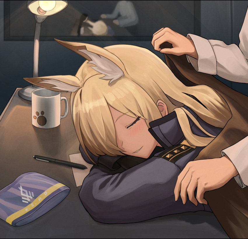 1girl 1other aisumegane animal_ear_fluff animal_ears blanket blonde_hair blue_archive blue_shirt blush closed_eyes commentary_request cup desk_lamp dog_ears dog_girl elbows_on_table hair_over_one_eye head_rest highres holding holding_blanket indoors kanna_(blue_archive) lamp mug paper parted_bangs parted_lips pen picture_frame police police_uniform policewoman shirt sleeping smile uniform unworn_armband white_shirt