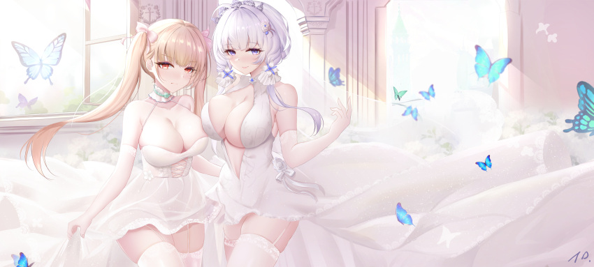 2girls absurdres alternate_costume asymmetrical_docking azur_lane blonde_hair blue_butterfly blue_eyes breast_press breasts bridal_veil bug butterfly center_opening cleavage corset cowboy_shot detached_collar dress elbow_gloves flower formidable_(azur_lane) garter_straps gloves hair_flower hair_ornament halter_dress halterneck highres illustrious_(azur_lane) illustrious_(morning_star_of_love_and_hope)_(azur_lane) indoors lace-trimmed_dress lace_trim large_breasts long_dress long_hair looking_at_viewer multiple_girls nanoda002_(saber427) official_alternate_costume orange_eyes rose skirt_hold thighhighs tiara tri_tails twintails veil wedding_dress white_corset white_dress white_flower white_garter_straps white_gloves white_hair white_rose white_theme white_thighhighs window