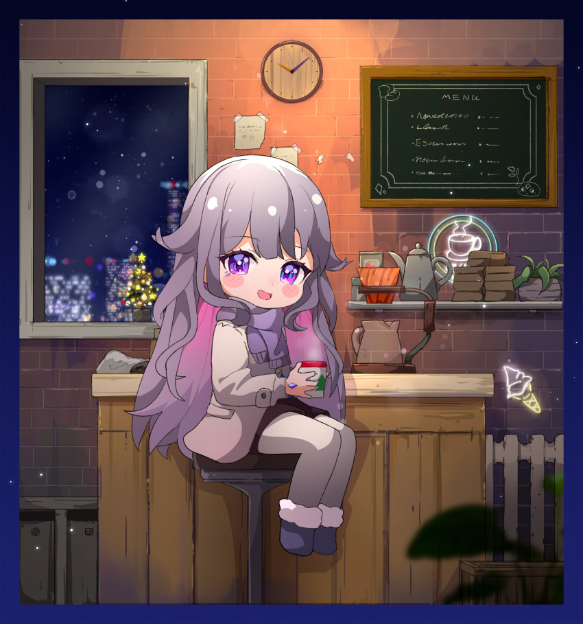 1girl :d absurdres ame. black_footwear blush_stickers brick_wall brown_coat brown_shorts building chibi christmas_ornaments christmas_tree clock coat colored_inner_hair commentary_request cup fur_trim grey_hair grey_pantyhose highres holding holding_cup hololive hololive_english indoors koseki_bijou long_hair looking_at_viewer multicolored_hair night night_sky pantyhose pantyhose_under_shorts pink_hair purple_eyes shorts sitting sky smile solo star_(symbol) stool two-tone_hair very_long_hair virtual_youtuber wall_clock window