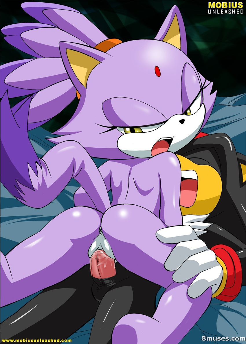 balls bbmbbf blaze_the_cat butt cat cowgirl_position erection feline female looking_back male mammal mobius_unleashed nude on_top open_mouth penetration penis pussy sega sex shadow_the_hedgehog sonic_(series) straddling straight vaginal vaginal_penetration