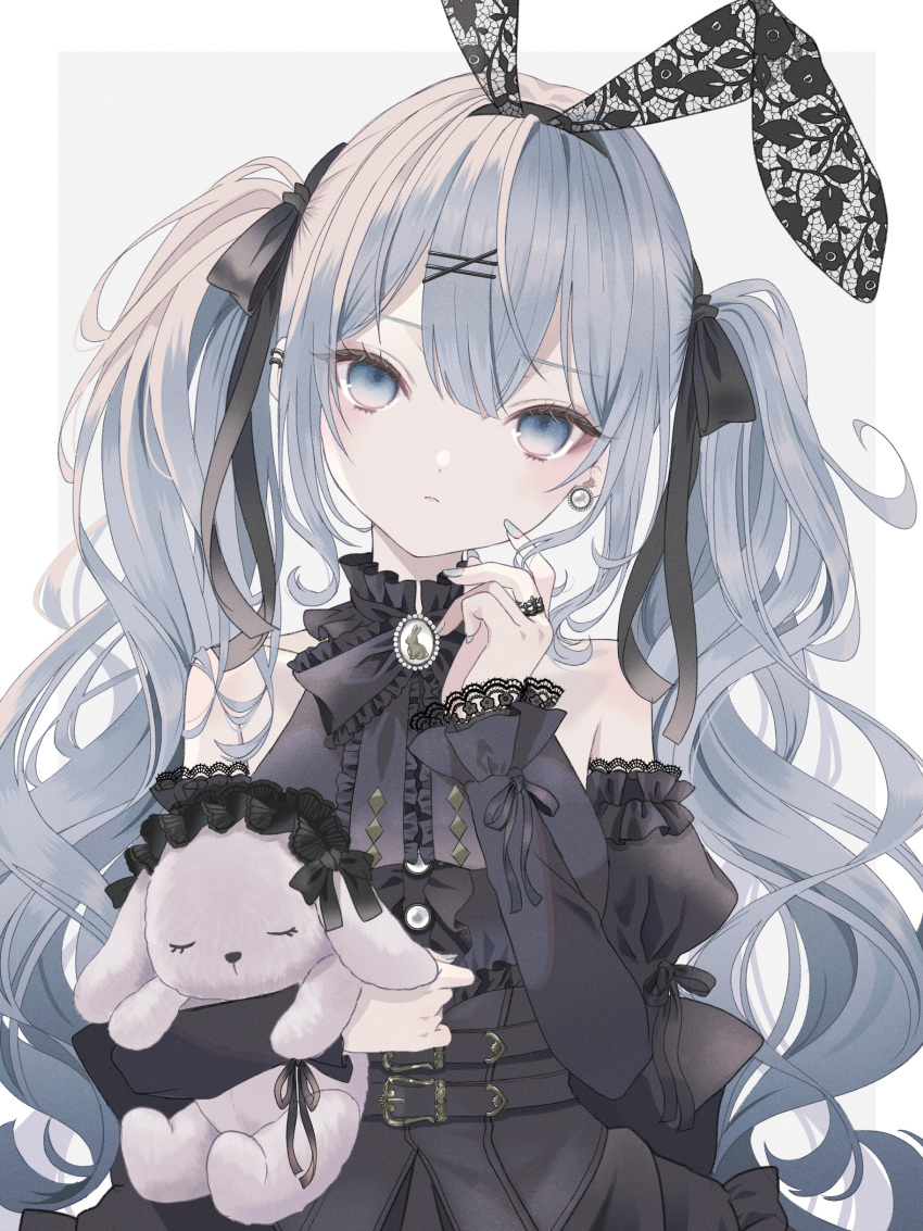 1girl absurdres animal_ears bare_shoulders black_ribbon blue_eyes blue_hair blue_nails commentary detached_sleeves earrings expressionless fake_animal_ears gothic_lolita hair_ribbon hatsune_miku head_tilt highres hugging_doll hugging_object jewelry lolita_fashion looking_at_viewer paruno puffy_sleeves rabbit_ears ribbon simple_background solo stuffed_animal stuffed_toy twintails vocaloid
