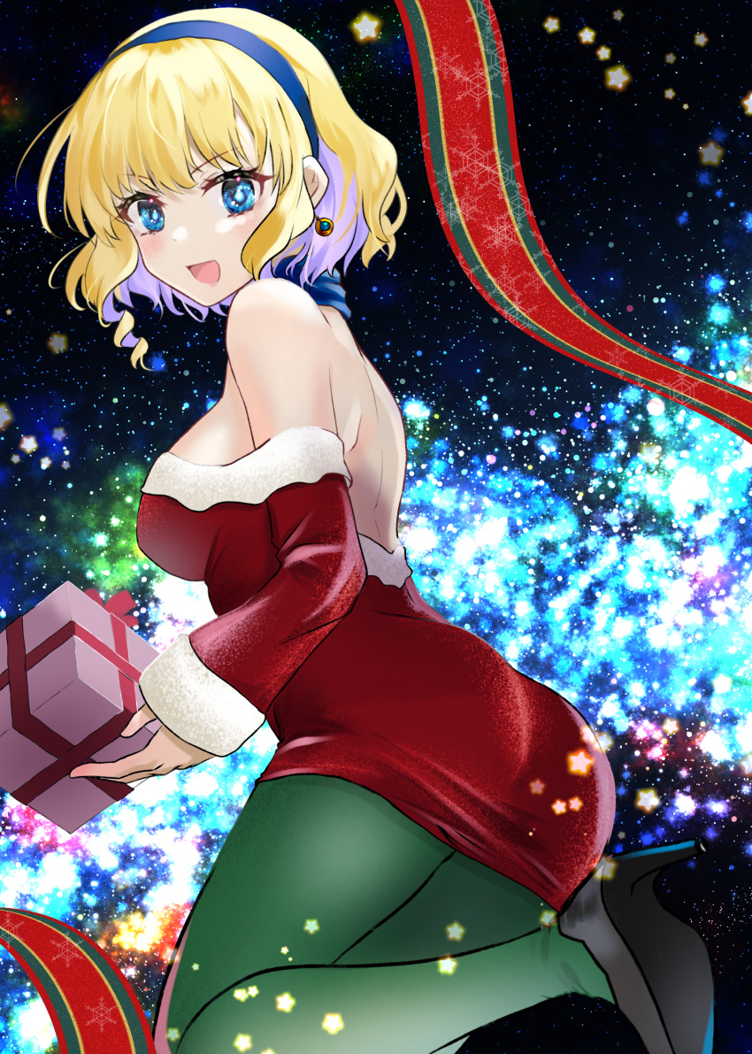 1girl absurdres alternate_costume ass backless_dress backless_outfit bare_shoulders blonde_hair blue_eyes breasts christmas colored_inner_hair commentary_request constance_von_nuvelle dress drill_hair drill_sidelocks earrings fire_emblem fire_emblem:_three_houses gift green_pantyhose hairband high_heels highres holding holding_gift jewelry looking_at_viewer mu_tu_bu multicolored_hair off-shoulder_dress off_shoulder open_mouth pantyhose purple_hair red_dress santa_dress short_hair sideboob sidelocks smile solo v-shaped_eyebrows