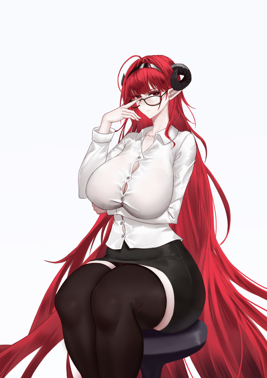 1girl absurdly_long_hair absurdres adjusting_eyewear aged_up arms_under_breasts azur_lane bespectacled black_horns black_skirt black_thighhighs breasts bursting_breasts button_gap collared_shirt curled_horns dress_shirt glasses highres hindenburg_(azur_lane) horns huge_breasts long_hair looking_at_viewer mature_female miniskirt mu_zhifeng office_lady pointy_ears red_eyes red_hair shirt simple_background sitting skirt solo taut_clothes taut_shirt thighhighs very_long_hair white_background white_shirt zettai_ryouiki