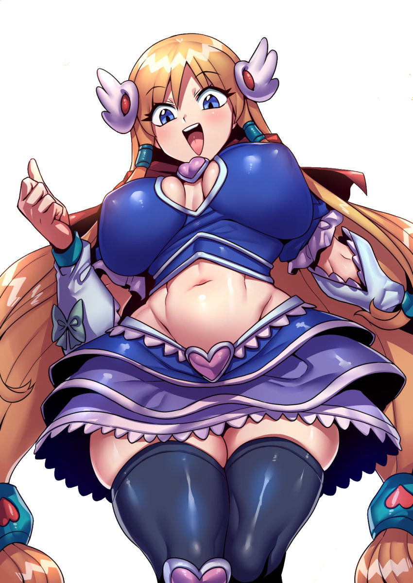 1girl armor black_thighhighs blonde_hair blue_eyes blue_skirt bobobo-bo_bo-bobo breasts capelet cleavage crop_top denbo from_below heart highres large_breasts layered_skirt long_hair looking_at_viewer low-tied_sidelocks midriff navel non-web_source open_mouth pauldrons red_capelet shoulder_armor simple_background skirt smile thighhighs white_background wing_hair_ornament