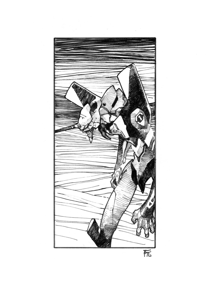 border dike_ruan eva_01 evangelion_(mecha) greyscale highres horns ink_(medium) leaning_forward looking_down mecha monochrome neon_genesis_evangelion no_humans robot science_fiction single_horn solo traditional_media white_border