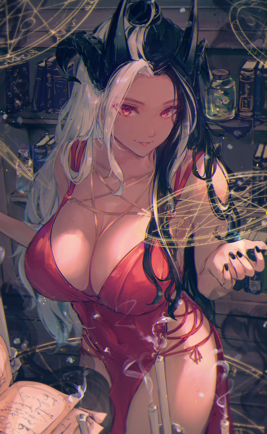 1girl black_hair black_nails book breasts candle cleavage corked_bottle cowboy_shot curled_horns dress fuunyon grimoire highres horns large_breasts long_hair looking_at_viewer magic_circle multicolored_hair multiple_horns original parted_lips pelvic_curtain red_dress red_eyes sleeveless sleeveless_dress smile solo two-tone_hair white_hair