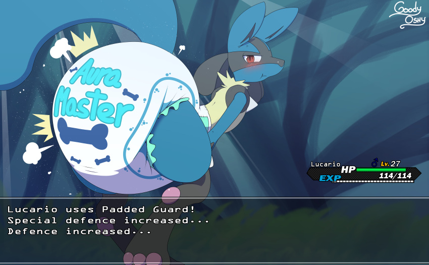 absurd_res ambiguous_gender anthro blush canid canine clothed clothing diaper diaper_only diaper_puff english_text experience_bar generation_4_pokemon goodyoshy hi_res lucario mammal nintendo pokemon pokemon_(species) presenting_diaper solo text topless underwear