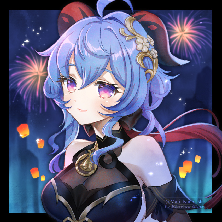 1girl ahoge bare_shoulders black_border black_dress blue_hair border breasts commentary_request dress fireworks ganyu_(genshin_impact) ganyu_(twilight_blossom)_(genshin_impact) genshin_impact highres horns karanashi_mari large_breasts long_hair looking_at_viewer purple_eyes smile solo