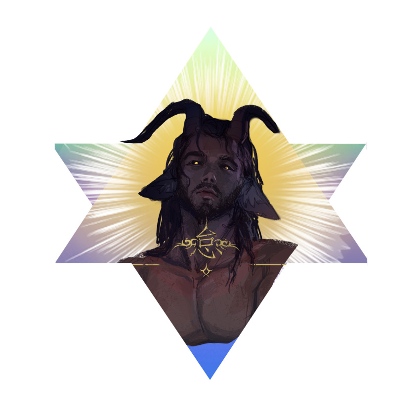 1boy angel_and_devil bara beard_stubble black_sclera broken_horn colored_sclera completely_nude cropped_torso crrispy_shark curled_horns dark-skinned_male dark_skin demon_boy ears_down expressionless from_side full_body highres horns inset_border looking_at_viewer male_focus mature_male monster_boy nude original pectorals profile short_hair sitting solo star-shaped_background thick_eyebrows yellow_eyes