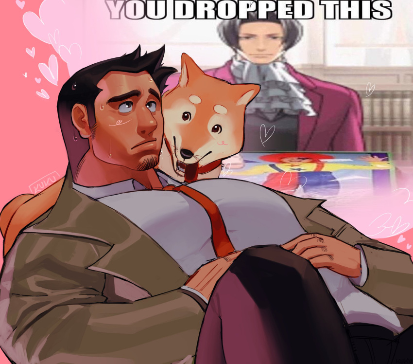 2boys ace_attorney ascot bara black_hair black_pants brown_coat closed_mouth coat collared_shirt dick_gumshoe dog english_text facial_hair goatee grey_hair heart highres holding jacket kukustar_(kukuu) large_pectorals long_sleeves looking_up male_focus medium_sideburns meme meme_request miles_edgeworth missile_(ace_attorney) multiple_boys necktie pants pectorals red_jacket red_necktie shirt sideburns_stubble white_ascot white_shirt