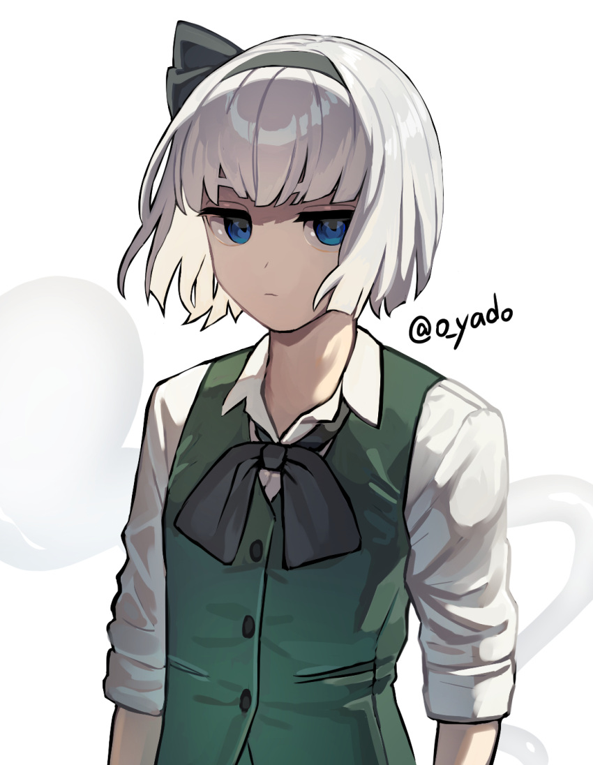 1girl black_hairband blue_eyes blunt_bangs closed_mouth collared_shirt green_vest grey_hair hairband highres hitodama konpaku_youmu looking_at_viewer medium_hair shirt short_sleeves simple_background solo touhou upper_body vest white_background white_shirt yadoyuki