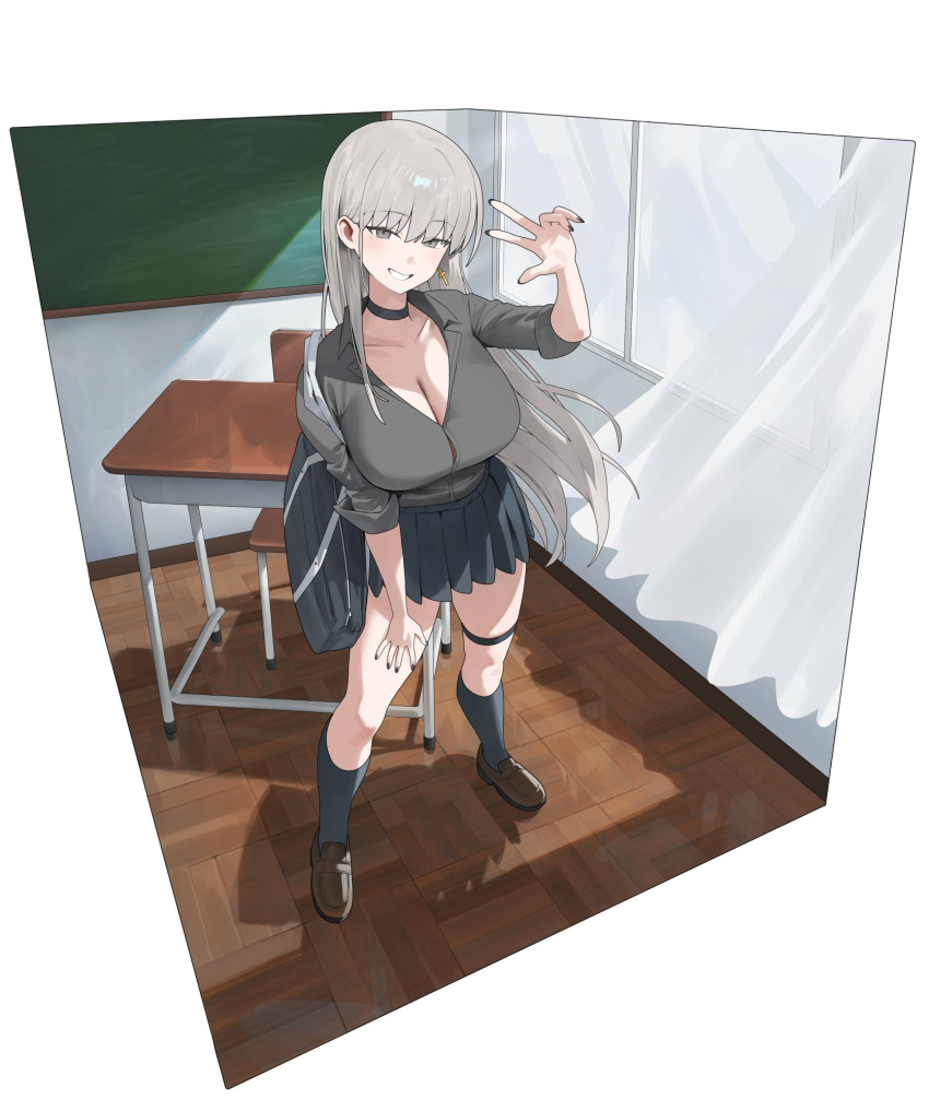 1girl black_socks blush breasts brown_footwear cleavage collarbone collared_shirt desk full_body grey_eyes grey_hair grey_shirt hand_up highres hood_(james_x) kneehighs large_breasts long_hair long_sleeves looking_at_viewer miniskirt original pleated_skirt shirt shirt_tucked_in skirt smile socks solo standing teeth