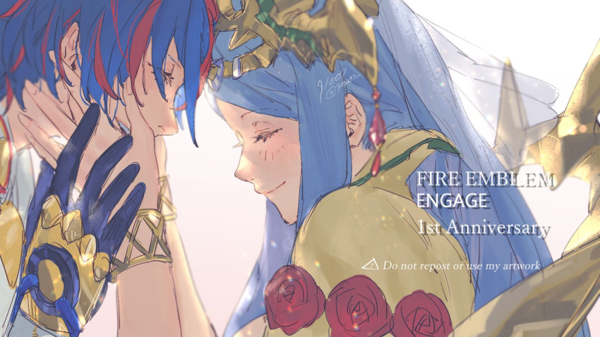 1boy 1girl 91007 alear_(fire_emblem) alear_(male)_(fire_emblem) blue_gloves blue_hair bracelet closed_eyes closed_mouth fire_emblem fire_emblem_engage gloves hair_ornament hand_on_another's_face highres jewelry long_hair lumera_(fire_emblem) mother_and_son multicolored_hair red_hair short_hair split-color_hair tiara two-tone_hair white_background
