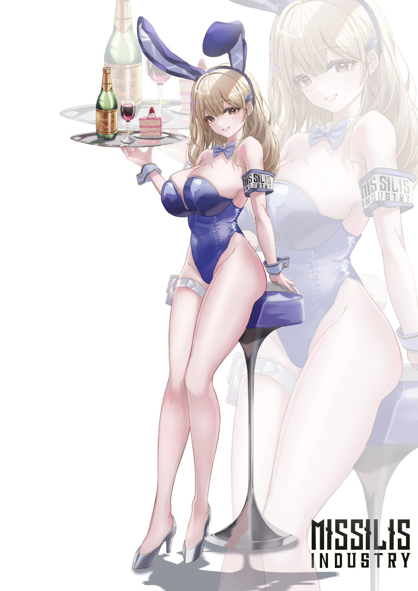 1girl absurdres alcohol animal_ears blue_bow blue_bowtie blue_leotard bow bowtie breasts cake champagne cleavage cup detached_collar disgustingtokki drinking_glass fake_animal_ears food full_body goddess_of_victory:_nikke high_heels highres large_breasts leotard original playboy_bunny rabbit_ears rabbit_tail silver_footwear solo stool strapless strapless_leotard tail tia_(nikke) tray wine_glass wrist_cuffs zoom_layer