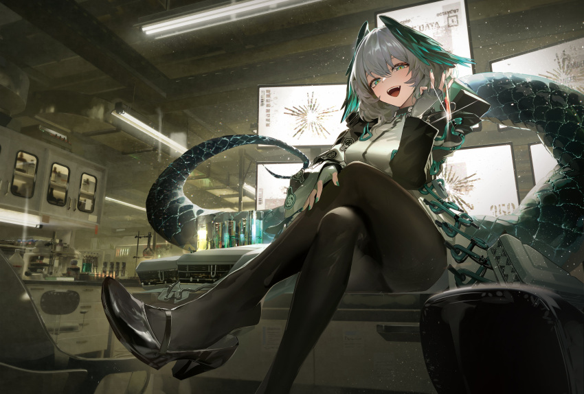 1girl absurdres arknights black_pantyhose coat commentary_request crossed_legs desk dress fingerless_gloves foot_out_of_frame glint gloves green_eyes green_nails grey_hair head_wings high_heels highres ho'olheyak_(arknights) indoors kawa683 lamp long_sleeves looking_at_viewer medium_hair monitor nail_polish on_desk open_clothes open_coat open_mouth pantyhose reptile_girl shoes sitting sitting_on_desk snake_tail solo tail white_dress white_gloves wings