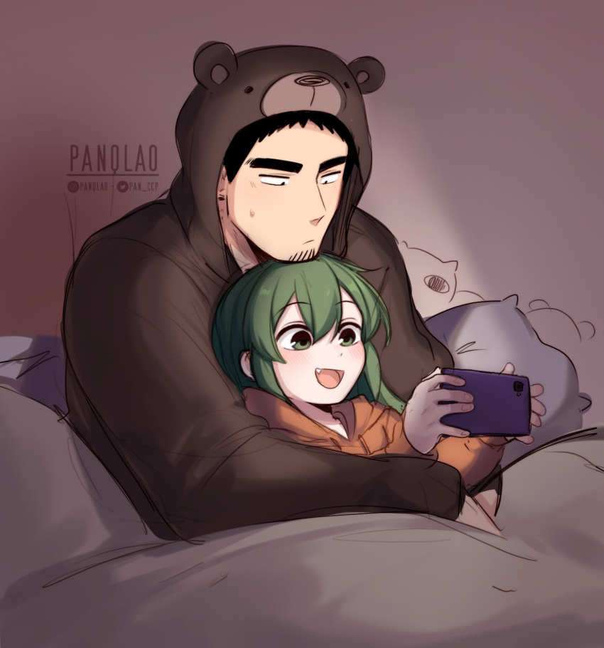 1boy 1girl animal_costume bear_costume bear_pajamas black_hair blush cellphone couple facial_hair fang goatee green_eyes green_hair highres holding holding_phone hood hoodie igarashi_futaba_(shiromanta) medium_hair onesie orange_hoodie panqlao petite phone pillow senpai_ga_uzai_kouhai_no_hanashi short_hair smartphone stubble stuffed_animal stuffed_toy takeda_harumi_(shiromanta) thick_eyebrows under_covers