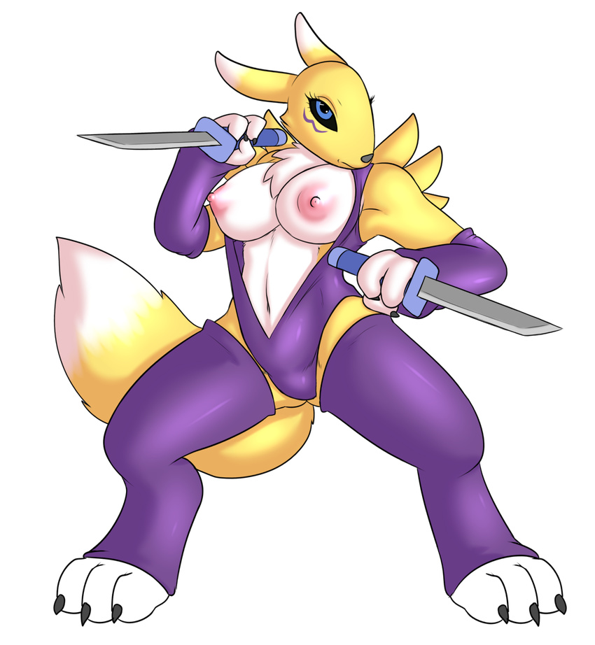 3_toes alpha_channel anthro big_breasts blade blue_eyes breasts canine claws clothed clothing digimon eyelashes female fox fur grasp half-dressed hi_res legwear long_ears looking_at_viewer mammal navel nipples plain_background renamon shadow sharp_claws shiny skidd solo standing toe_claws toeless_socks toes transparent_background weapon