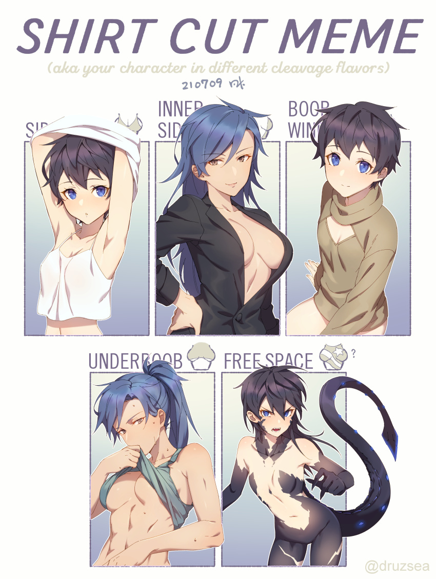 2girls abs absurdres angry armpits arms_up bare_arms bare_shoulders black_hair black_shirt black_skin blue_eyes blue_hair breasts brown_sweater camisole center_opening closed_mouth collared_shirt colored_skin covered_mouth dated dragon_tail english_text facial_mark genderswap genderswap_(mtf) grey_background hair_between_eyes hand_on_own_hip hand_up highres kiyonagi kusanagi_(kiyonagi) long_hair long_sleeves medium_breasts monster_girl multicolored_skin multiple_drawing_challenge multiple_girls multiple_views navel nude open_mouth original outside_border ponytail scales shirt shirt_cut_meme short_hair sleeveless small_breasts smile sweat sweater tail tank_top toned turtleneck turtleneck_sweater underboob undressing upper_body white_camisole white_shirt xi_qing_(kiyonagi) yellow_eyes