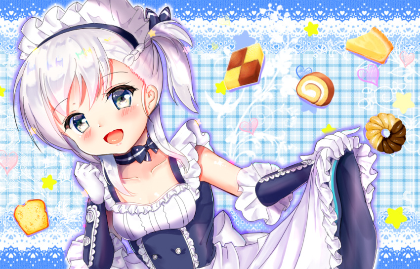 1girl azur_lane back_bow bare_shoulders belfast_(azur_lane) blue_background blue_dress blush bow cake cake_slice checkerboard_cookie collarbone comiket_94 cookie cowboy_shot dress food gloves green_eyes grey_hair happy heart little_bel_(azur_lane) looking_at_viewer maid_headdress medium_hair mogupuchi open_mouth sleeveless sleeveless_dress solo star_(symbol) white_bow white_gloves