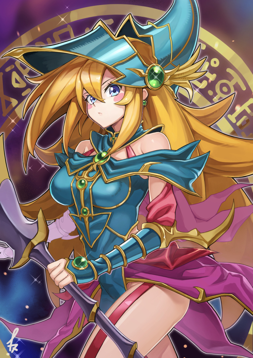 1girl bare_shoulders blue_eyes blush blush_stickers boots breasts duel_monster green_eyes hair_between_eyes hat highres holding holding_staff inomata_konomu large_breasts long_hair looking_at_viewer magician's_valkyria orange_hair parted_lips solo staff thighhighs vambraces wizard_hat yu-gi-oh!