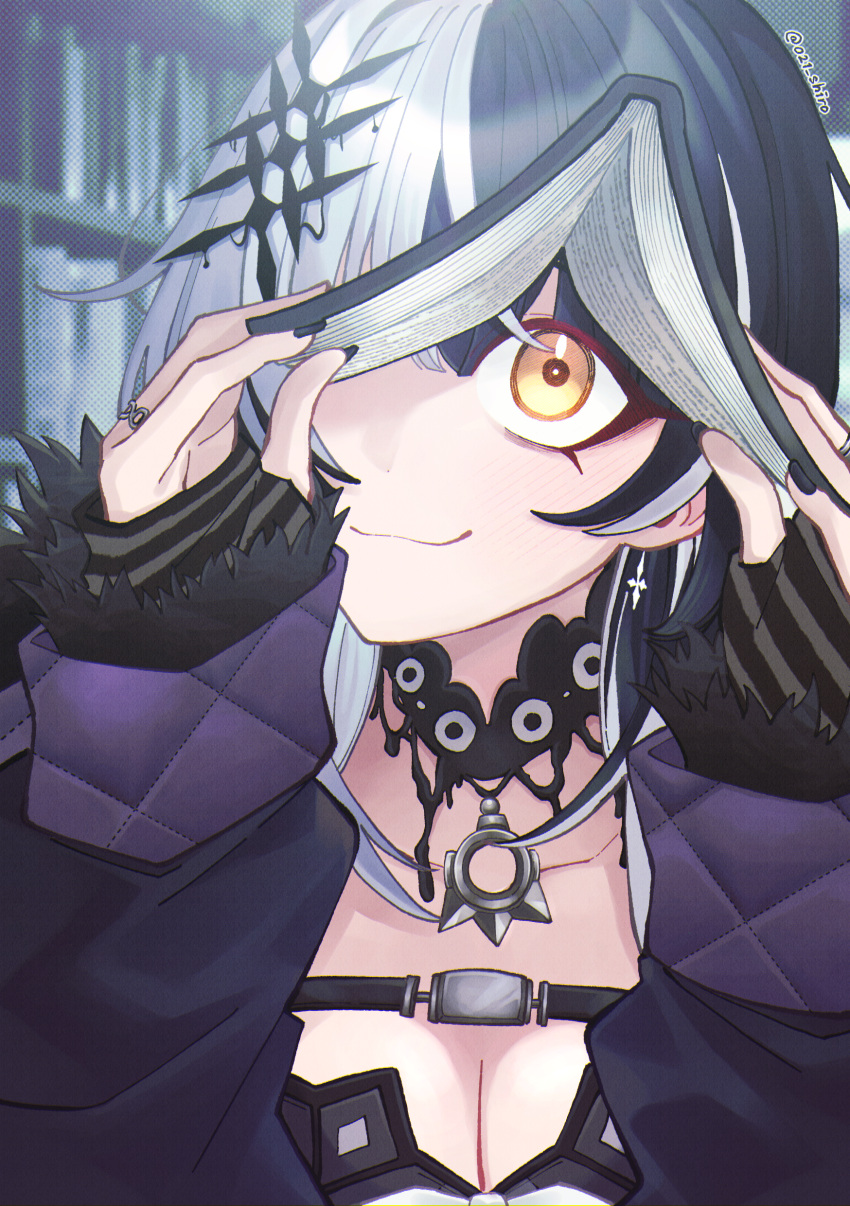 021_shiro 1girl absurdres black_hair black_nails breasts brown_eyes cleavage closed_mouth collarbone grey_hair highres hololive hololive_english large_breasts long_hair looking_at_viewer multicolored_hair shiori_novella shiori_novella_(1st_costume) smile solo virtual_youtuber