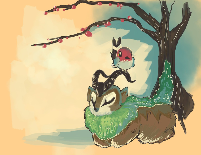 eyes_closed fletchling gogoat no_humans pokemon pokemon_(game) pokemon_xy tree