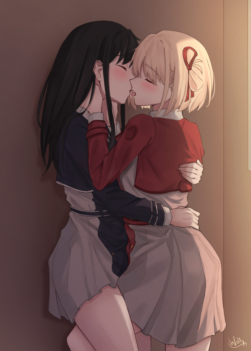 2girls absurdres belt black_hair blonde_hair blue_belt blue_dress blush chxoswolf closed_eyes commission dress french_kiss grey_dress hair_ribbon hands_on_another's_neck highres hug inoue_takina kiss leg_between_thighs long_hair long_sleeves lycoris_recoil lycoris_uniform multiple_girls nishikigi_chisato one_side_up open_mouth pleated_dress red_belt red_dress red_ribbon ribbon saliva short_hair sidelocks tongue tongue_out yuri